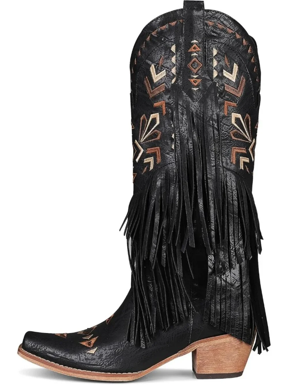 Women's Black Cowgirl Knee High Fringe Boots Rubber Fleece Microfiber